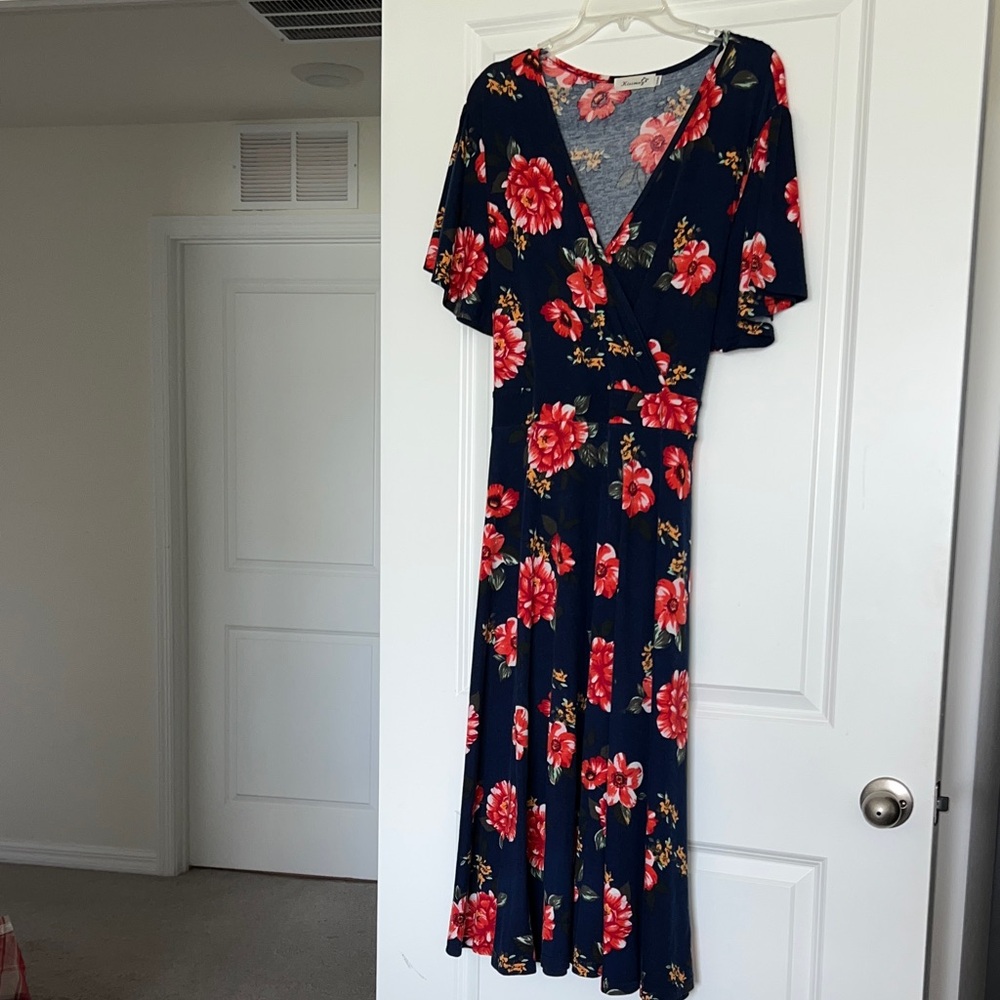 Kissmay Dark Blue Dress with Red Floral Design